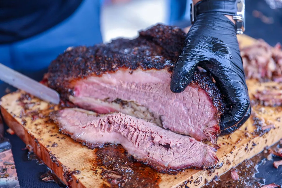 12-hour hickory-smoked beef brisket with a dark peppery bark
